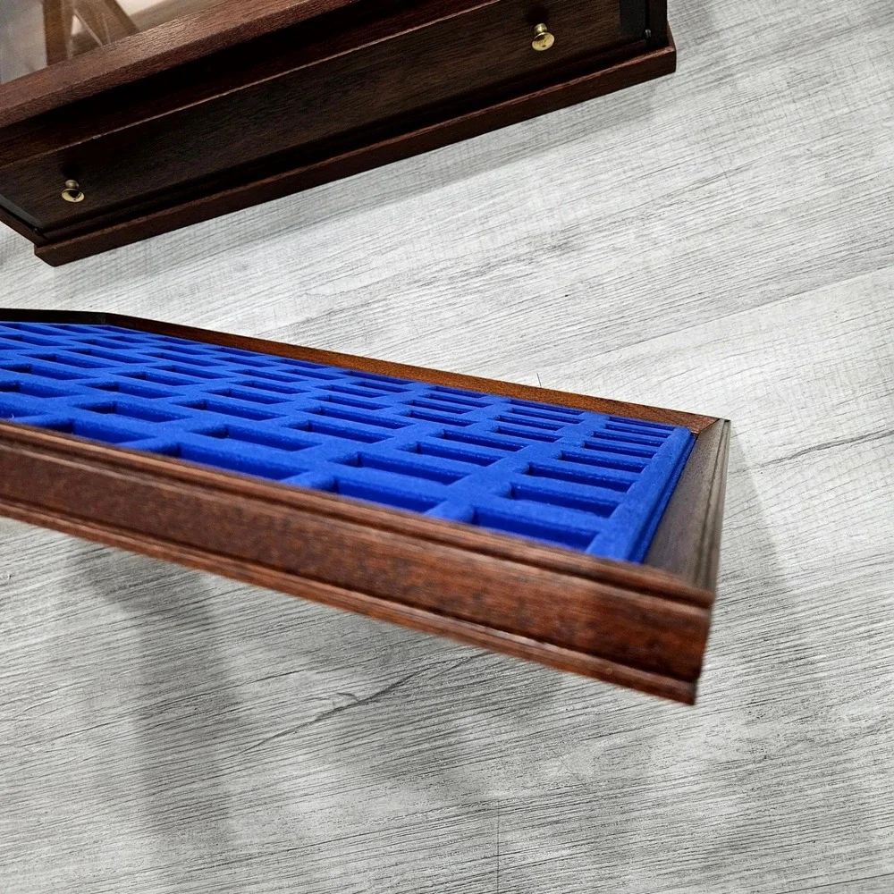 Jewelry Display Case Large Brown Wood Glass Removable 3 Tray Blue Velvet Storage